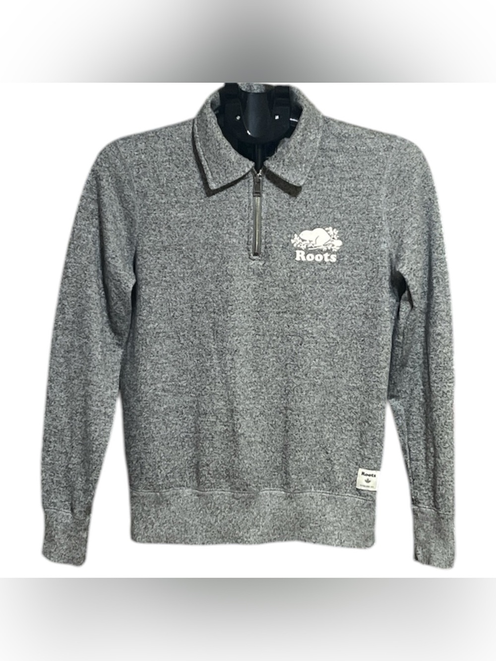 Roots Salt and Pepper Quarter- Zip Pullover Sweatshirt. Collared zip neckline